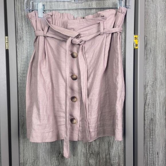 Topshop rose paper bag waist button up front linen blend mini skirt women's 8 - Picture 1 of 11